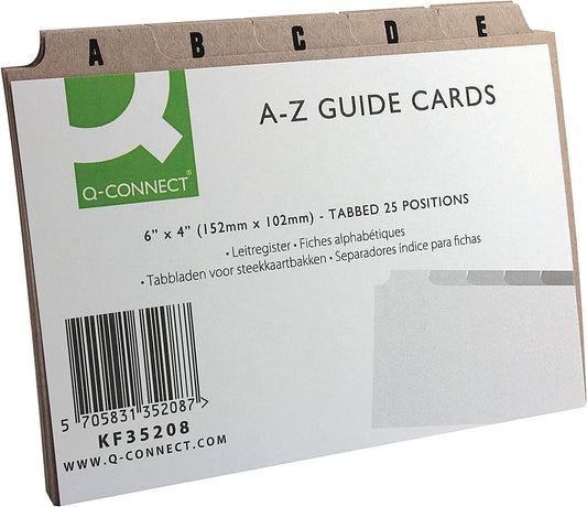 Pack of 25 Q-Connect 6x4 inch buff guide cards with A-Z index, ideal for organizing and note-taking in stationery use.