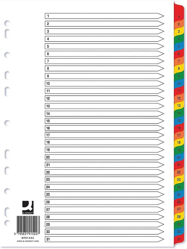 A4 white multi-punched reinforced index tabs numbered 1-31 for organization and filing, branded Q-Connect stationery.