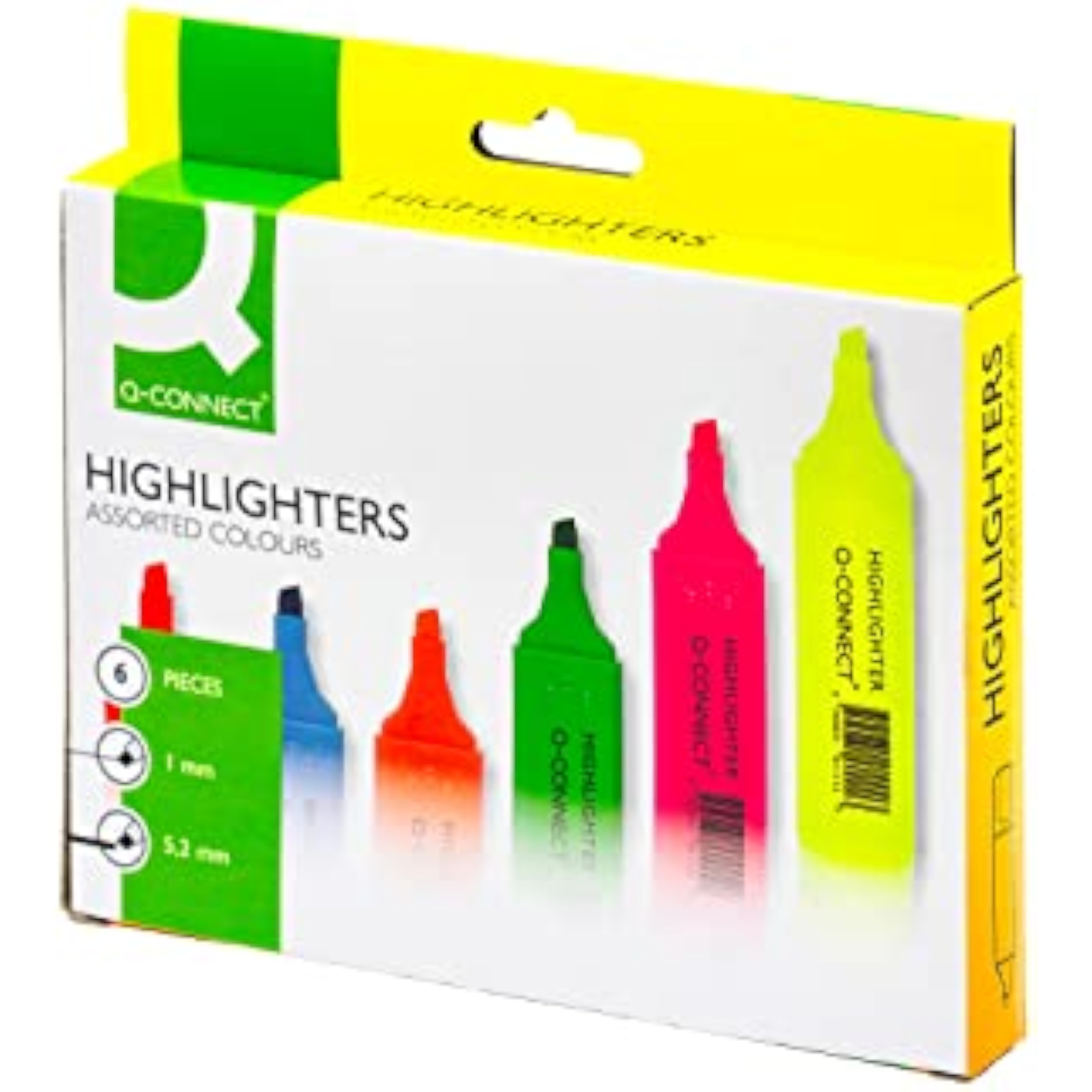 Q-Connect assorted highlighter pens with 6 colors and precision chiselled nibs, ideal for vibrant highlighting and note-taking.