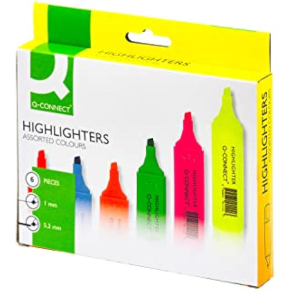 Q-Connect assorted highlighter pens with 6 colors and precision chiselled nibs, ideal for vibrant highlighting and note-taking.