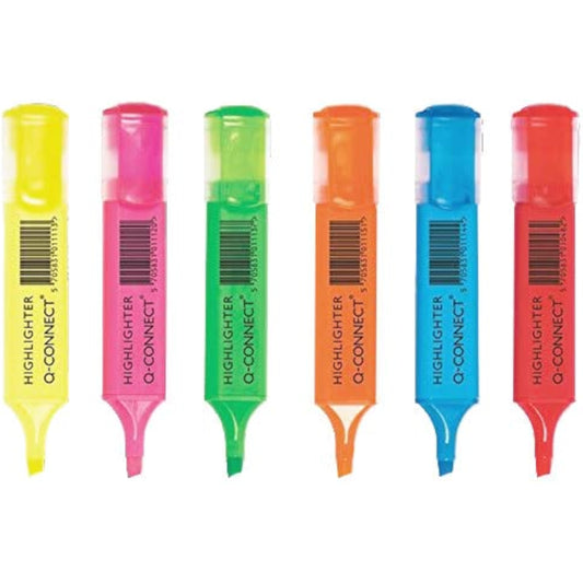 Q-Connect assorted highlighter pens with 6 colors and precision chiselled nibs, ideal for highlighting and color-coding notes.