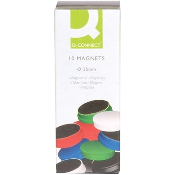 Set of 10 round Q-Connect magnets, 25mm diameter, ideal for stationery and office organization, displayed on a surface.