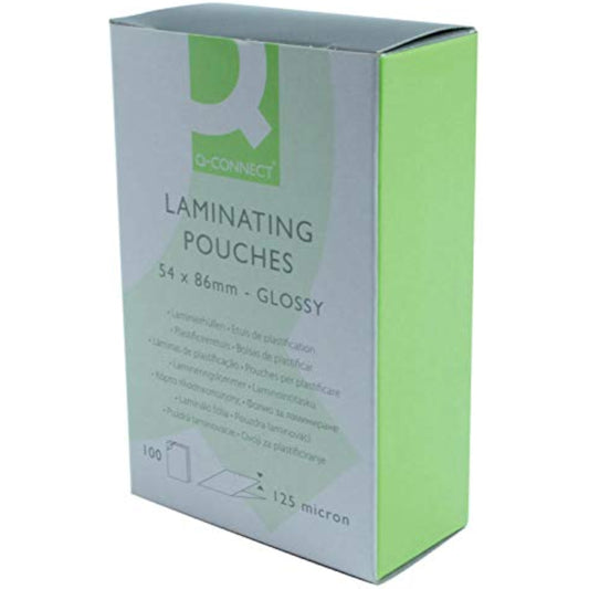 Pack of 100 Q-Connect laminating pouches, 54x86mm, 250 micron thickness, suitable for stationery laminating needs.