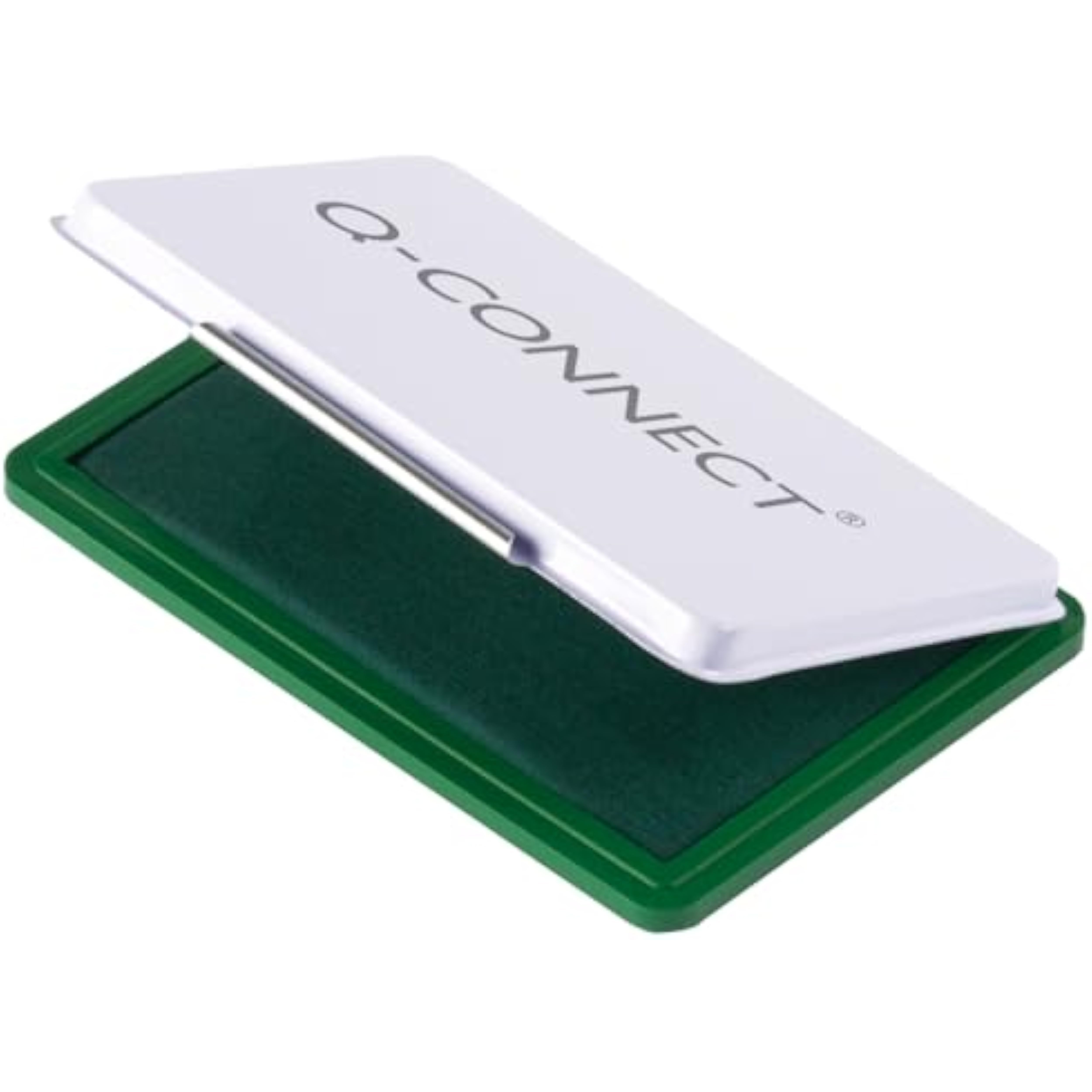Green Q-Connect large stamp pad for stationery use, featuring a vibrant ink pad suitable for stamping and craft projects.