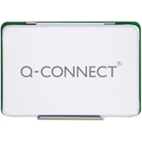 Q-Connect large green stamp pad for stationery, showing open ink pad with vibrant green ink in a clear container.