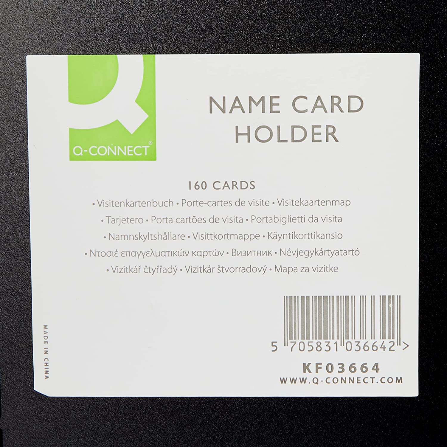 Q-Connect black polypropylene business card holder with space for 160 cards, showcasing a sleek, durable stationery storage solution.