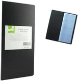 Black Q-Connect polypropylene business card holder with 96 slots, designed for organizing and storing personal or professional cards.