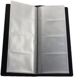 Black Q-Connect polypropylene business card holder with 96 card capacity, ideal for organizing and storing stationery cards.