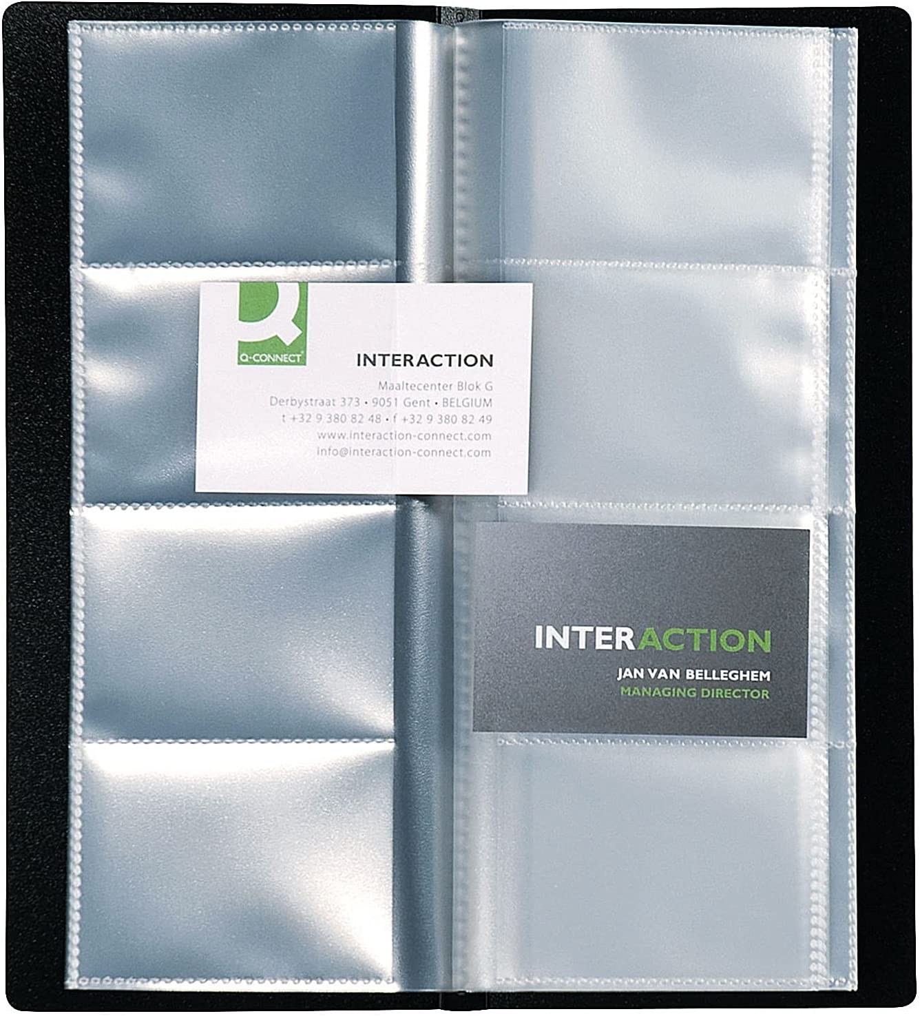Black Q-Connect polypropylene business card holder with 96 slots for storing and organizing name cards.