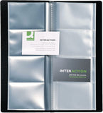 Black Q-Connect polypropylene business card holder with 96 slots for storing and organizing name cards.