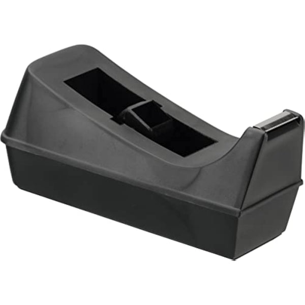 Small black Q-Connect tape dispenser for stationery use, with a compact design and easy-to-use tape cutting blade.