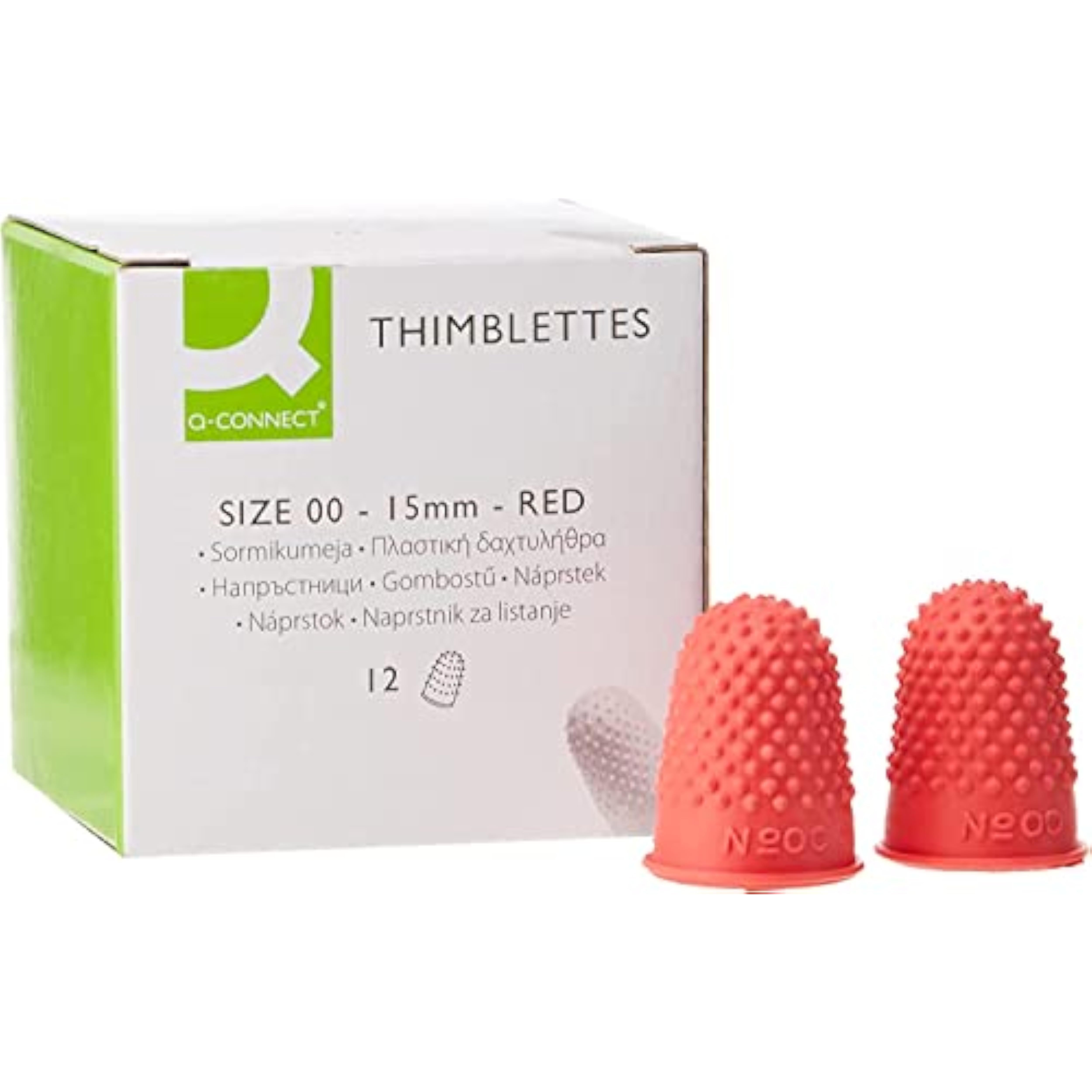 Red Q-Connect size 00 thimblettes pack of 12 for stationery, showing colorful plastic thimblettes arranged in a row.