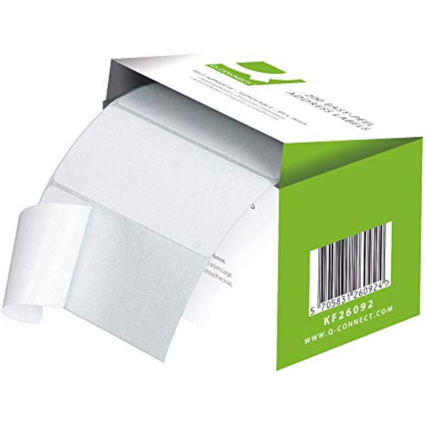 Q-Connect self-adhesive white address labels on a roll, 89x36mm, with 200 labels for stationery use.
