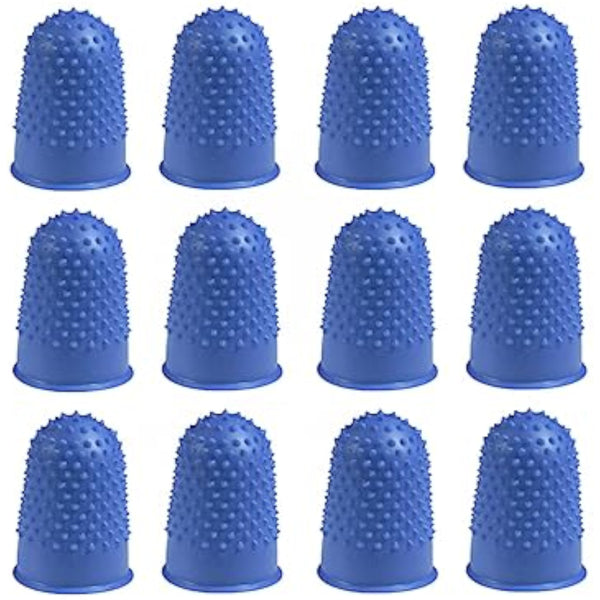Pack of 12 blue Size 1 Thimblette stationery thimbles by Q-Connect, shown in a neat arrangement.