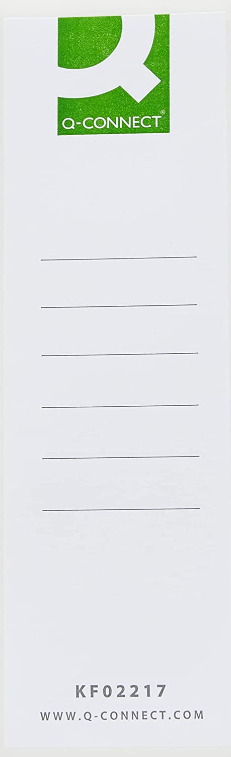 Q-Connect white spine labels for lever arch files, pack of 10, ideal for organizing and identifying filing systems.