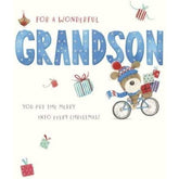 Cute Boofle on Bike Delivering Presents Grandson Christmas Card