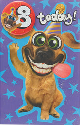 Wacky Dog Design 8th Birthday Card with Badge
