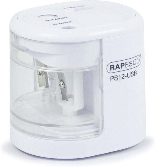 Rapesco 1448 PS12-USB electric pencil sharpener in white, with USB charging port and battery compartment, for precise sharpening.