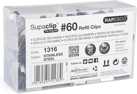 Rapesco Supaclip 60 stainless steel refill clips, bulk pack of 250, arranged in a box for office or home use.