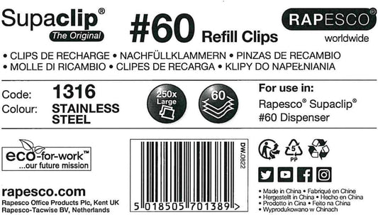 Box of Rapesco Supaclip 60 stainless steel refill clips, 250-pack, suitable for binding documents and office use