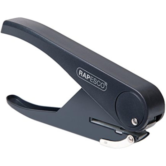 Rapesco Sole heavy-duty single hole puncher with 23-sheet capacity, metal construction, and ergonomic handle for stationery use.