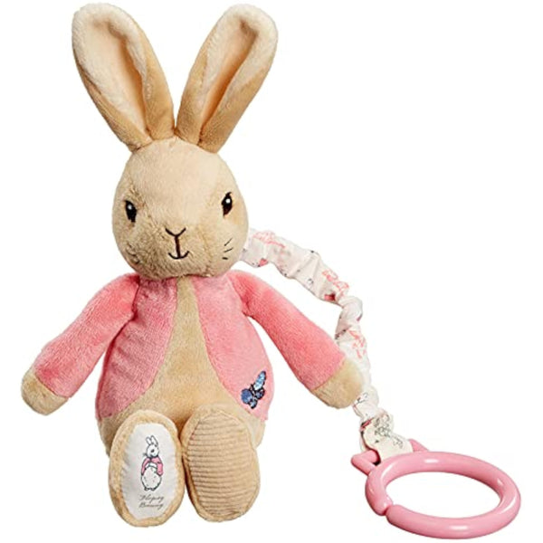 Pink Beatrix Potter Flopsy Jiggle Attachable Peter Rabbit pram toy by Rainbow Designs, featuring soft fabric and adorable rabbit design.
