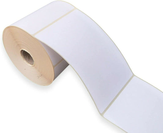 Roll of 500 RM self-adhesive thermal printer labels measuring 6x4 inches, designed for easy application and clear printing.
