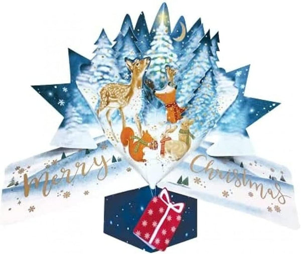 3D pop-up woodland animals Christmas greeting card by Second Nature featuring festive forest scene and detailed paper craftsmanship.