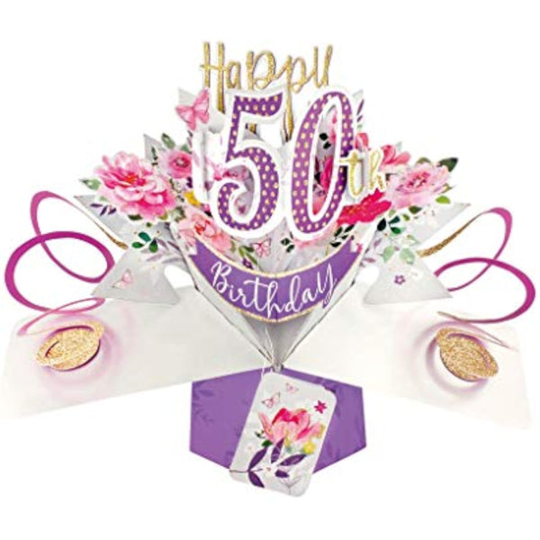 Second Nature 50th birthday greeting card with colorful pop-up flower design and festive celebration imagery.