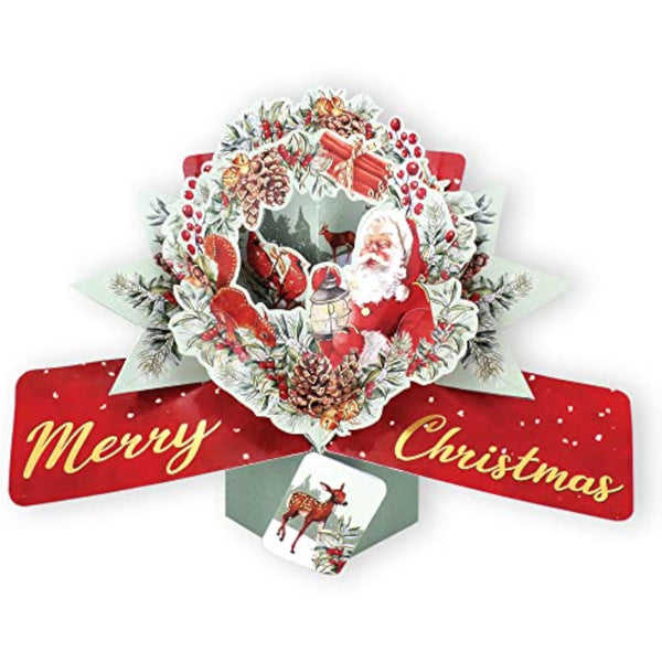 Award-winning 3D Christmas greeting card by Second Nature featuring a wreath and Santa pop-up design.