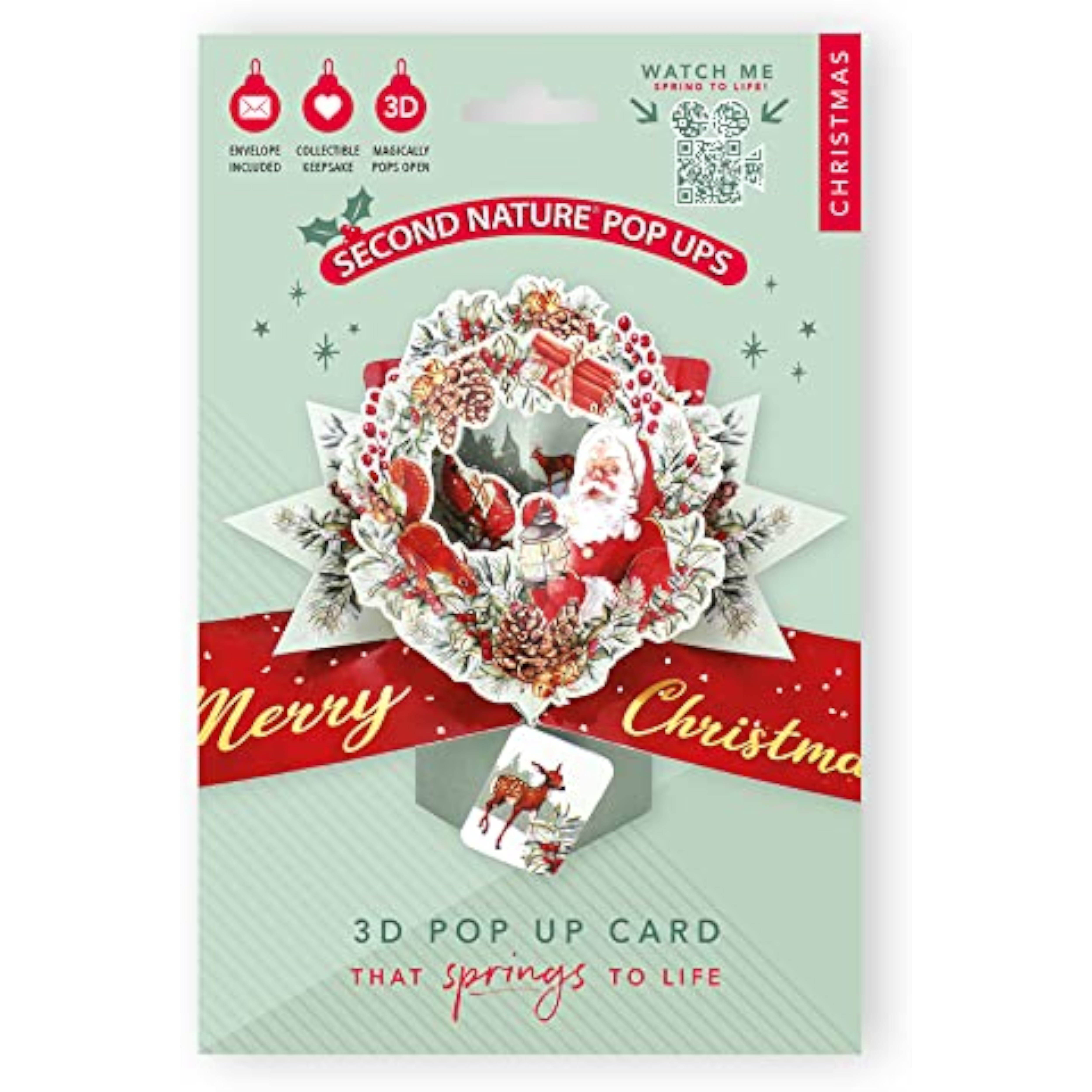 Award-winning 3D Christmas greeting card by Second Nature featuring a festive wreath and Santa pop-up design.