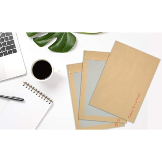 Pack of 125 brown Kraft back board envelopes by Send It By, showing sturdy envelopes with brown kraft exterior and secure flaps.
