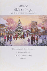 village scene church and tree-Religious Christmas Card