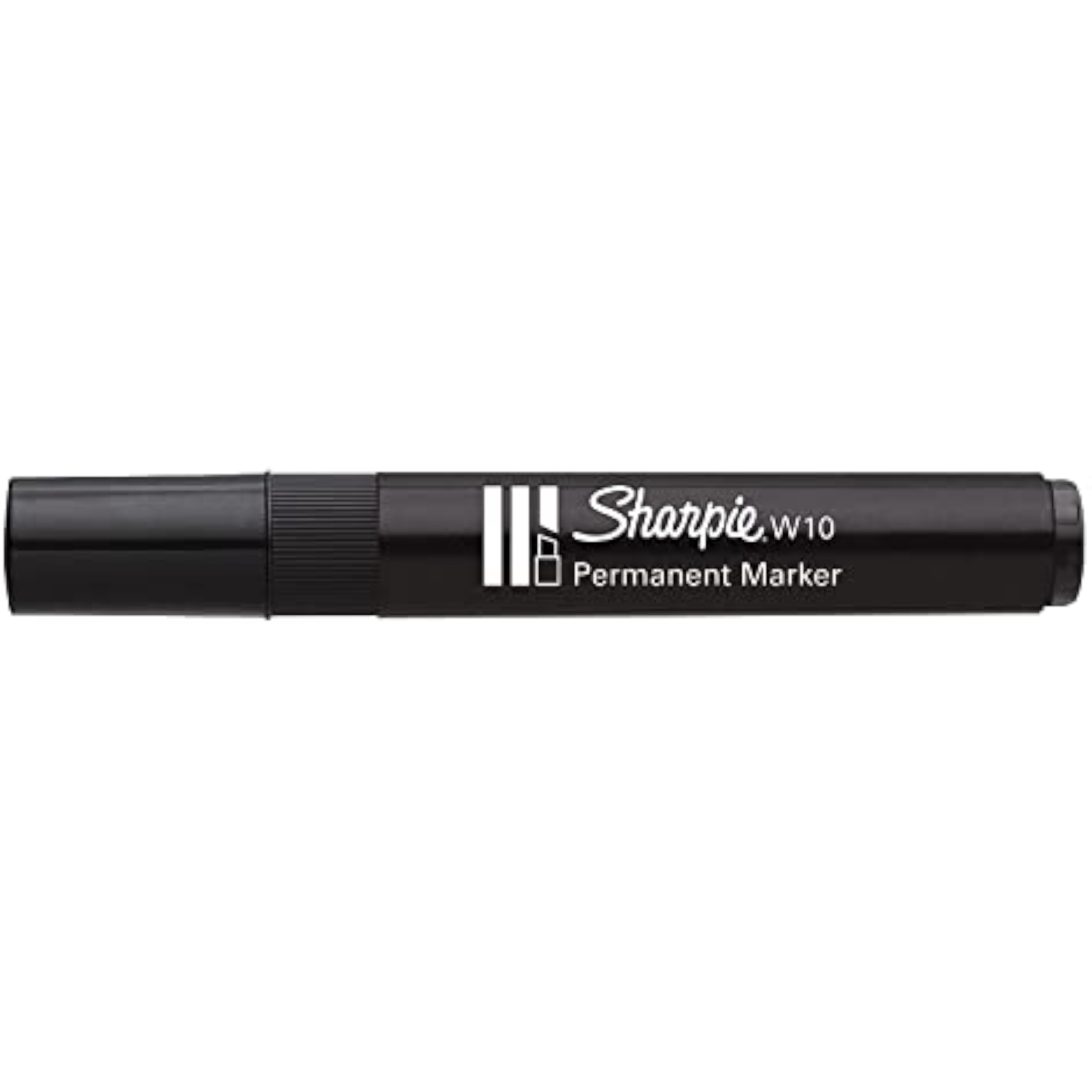 Sharpie W10 black permanent marker with chisel tip, shown next to a greeting card, highlighting versatile writing and highlighting features.
