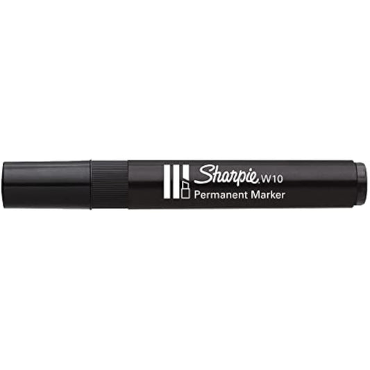 Sharpie W10 black permanent marker with chisel tip, shown next to a greeting card, highlighting versatile writing and highlighting features.