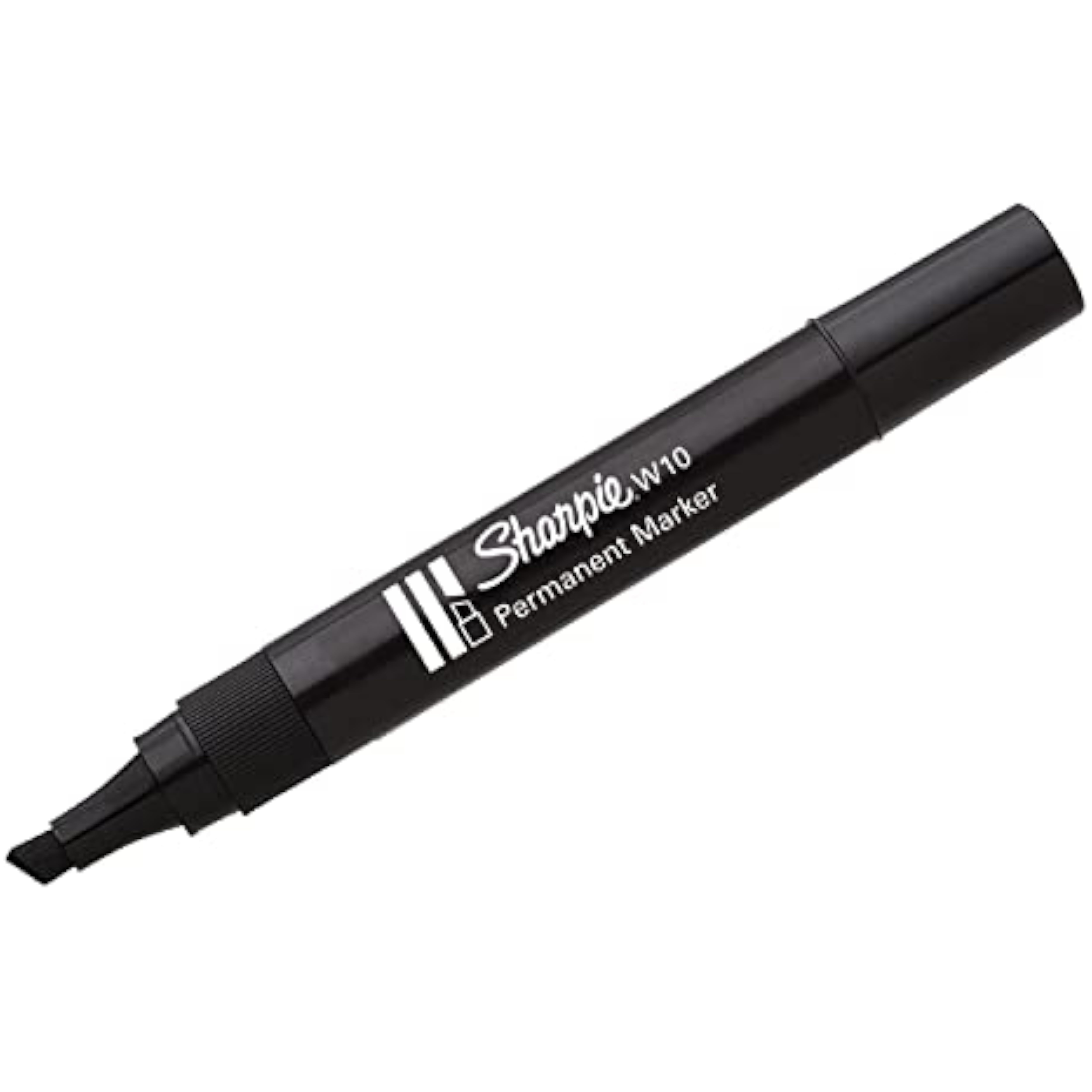 Sharpie W10 black permanent marker with chisel tip, single pen for labeling and writing on greeting cards and surfaces.