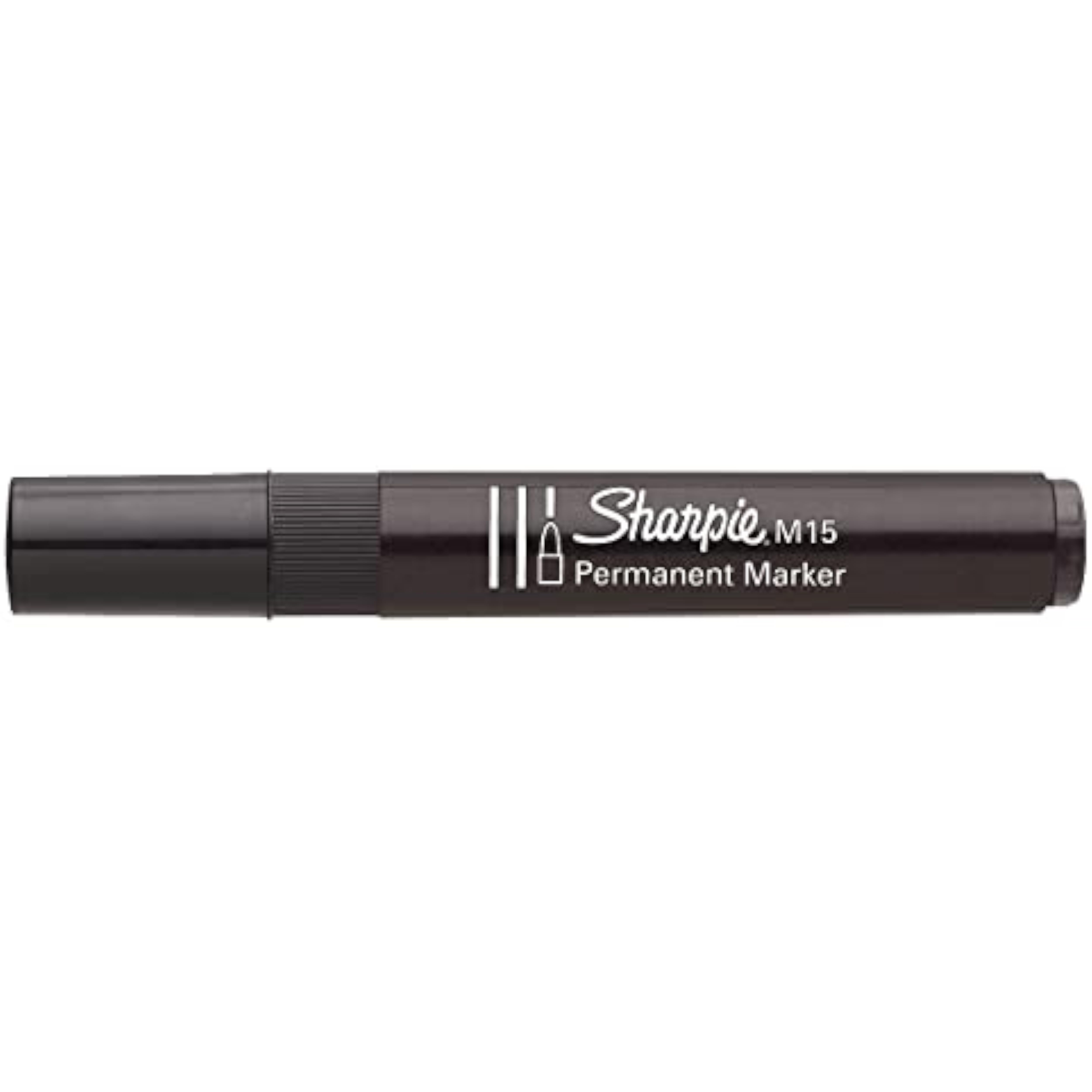 Sharpie M15 black permanent marker with bullet tip used to write on a greeting card, showing fine line details and ink flow.