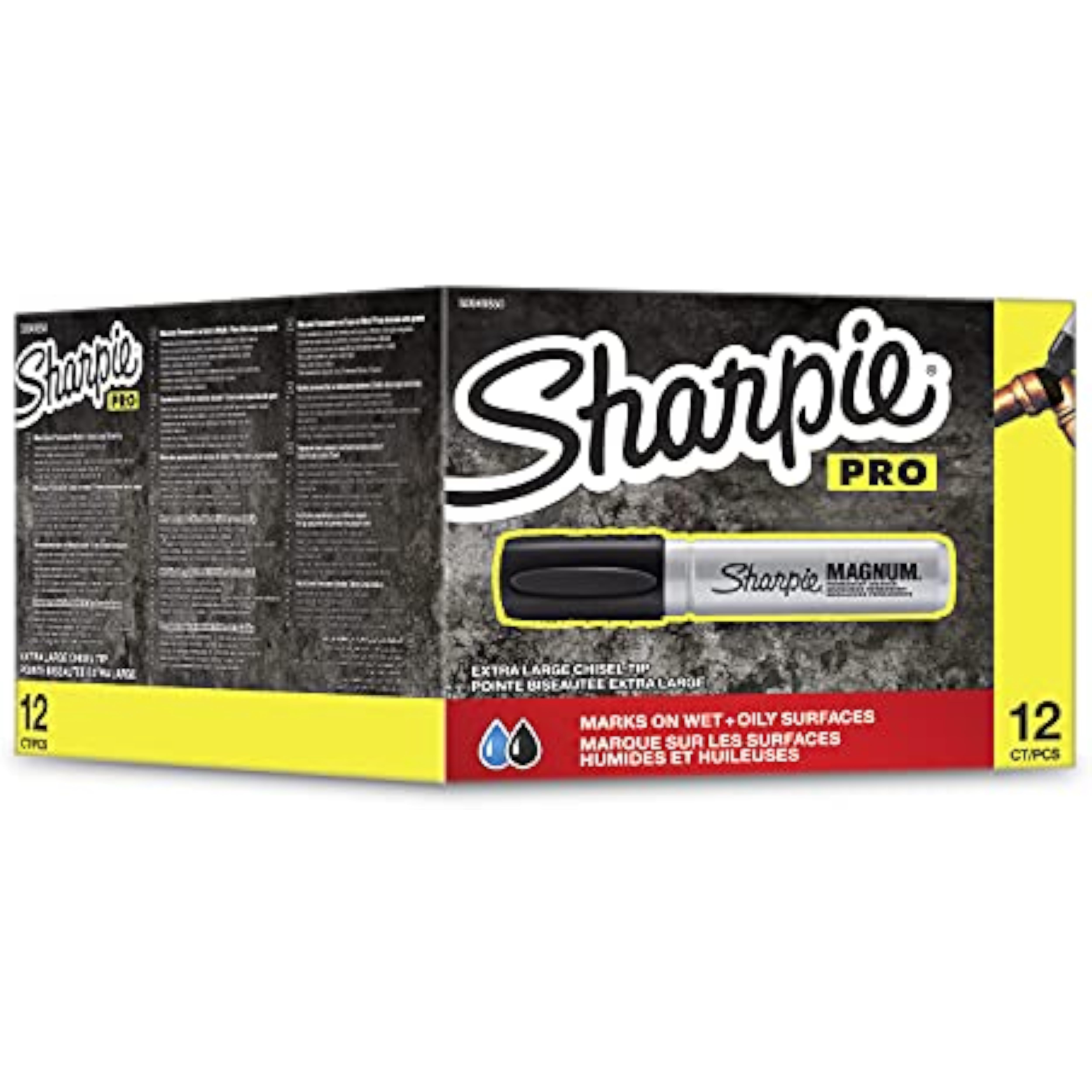 Sharpie Pro Magnum black chisel tip permanent marker used for bold writing on greeting cards, pack of 12.