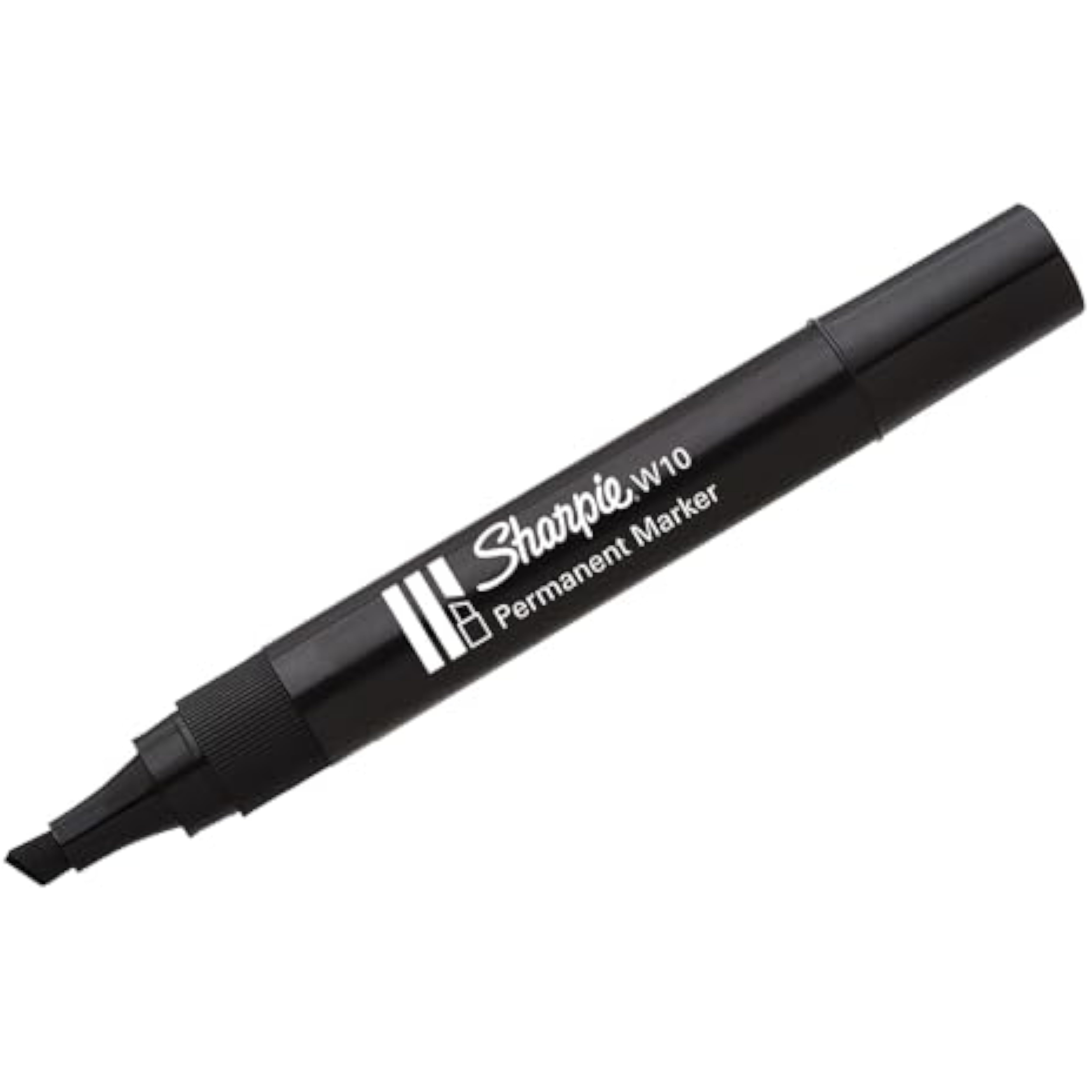 Black Sharpie W10 permanent markers with chisel tips, 12-pack, ideal for writing on greeting cards and various surfaces.