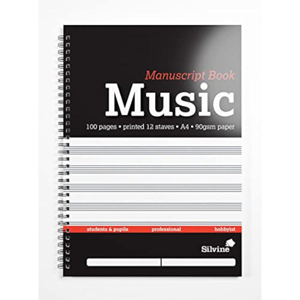 Silvine A4 music manuscript book with 12 staves and 100 pages, designed for composing and writing music scores.