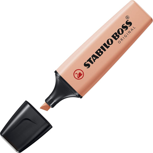 Stabilo BOSS ORIGINAL pastel highlighter in creamy peach with a chisel tip, featuring a colorful, ergonomic design for smooth highlighting.