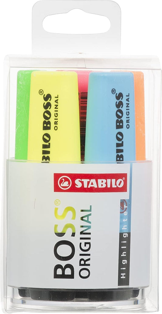 Set of six Stabilo BOSS ORIGINAL highlighters in yellow, green, orange, red, pink, and blue in a round box.