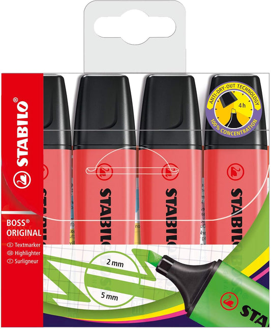 Red Stabilo BOSS ORIGINAL highlighters in a wallet of 4, with chisel tips for precise highlighting and marking.