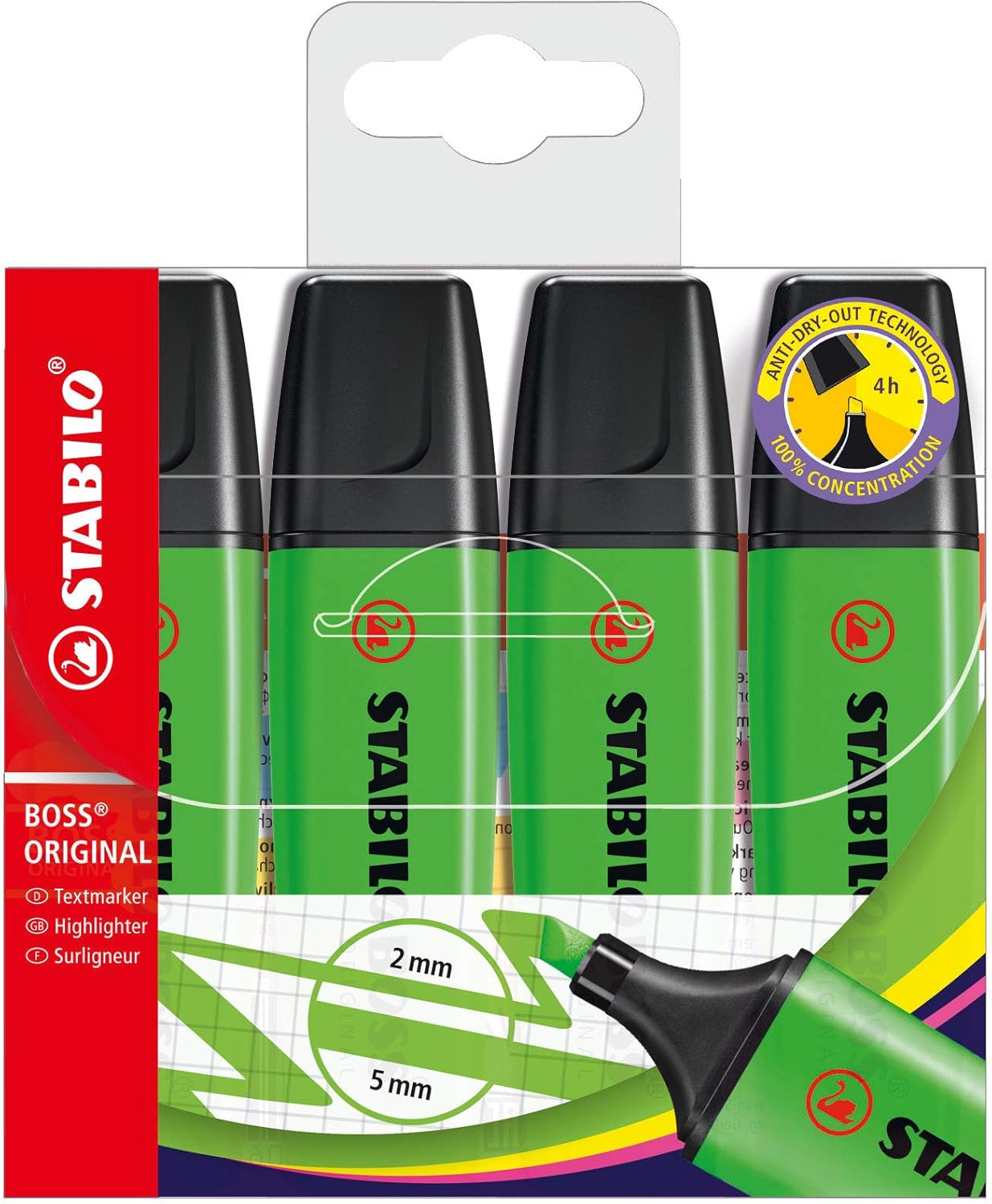 Set of four Stabilo BOSS Original highlighters in green, featuring chisel tips and vibrant ink for effective highlighting.
