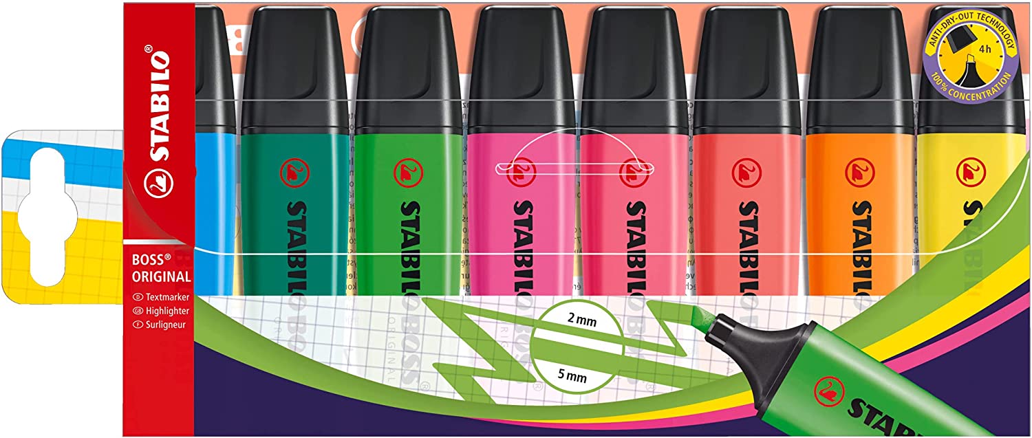 Assorted Stabilo Boss Original highlighters in various bright colors arranged in a pack of 8 on a white background.