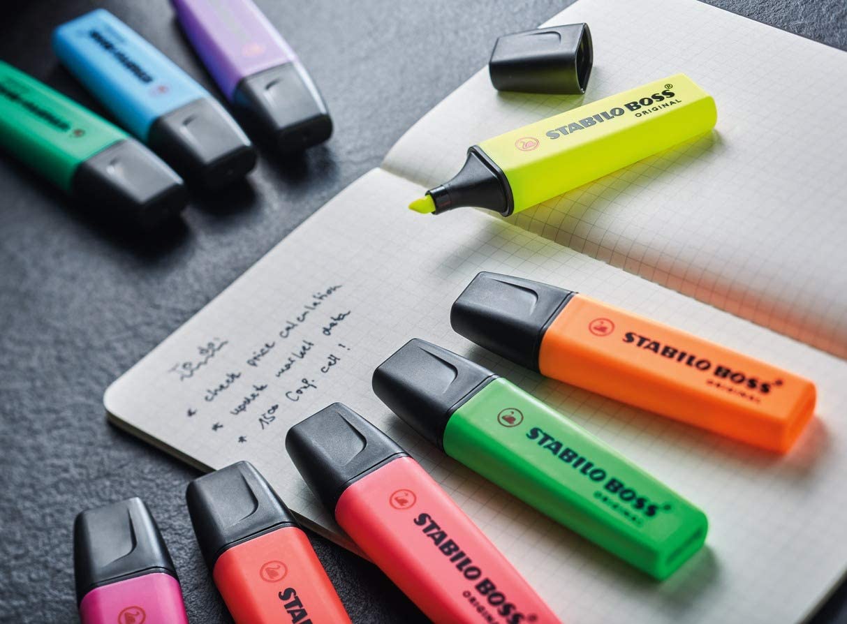 Assorted Stabilo Boss Original highlighters in a pack of 8 with vibrant colors and chisel tips for highlighting text.