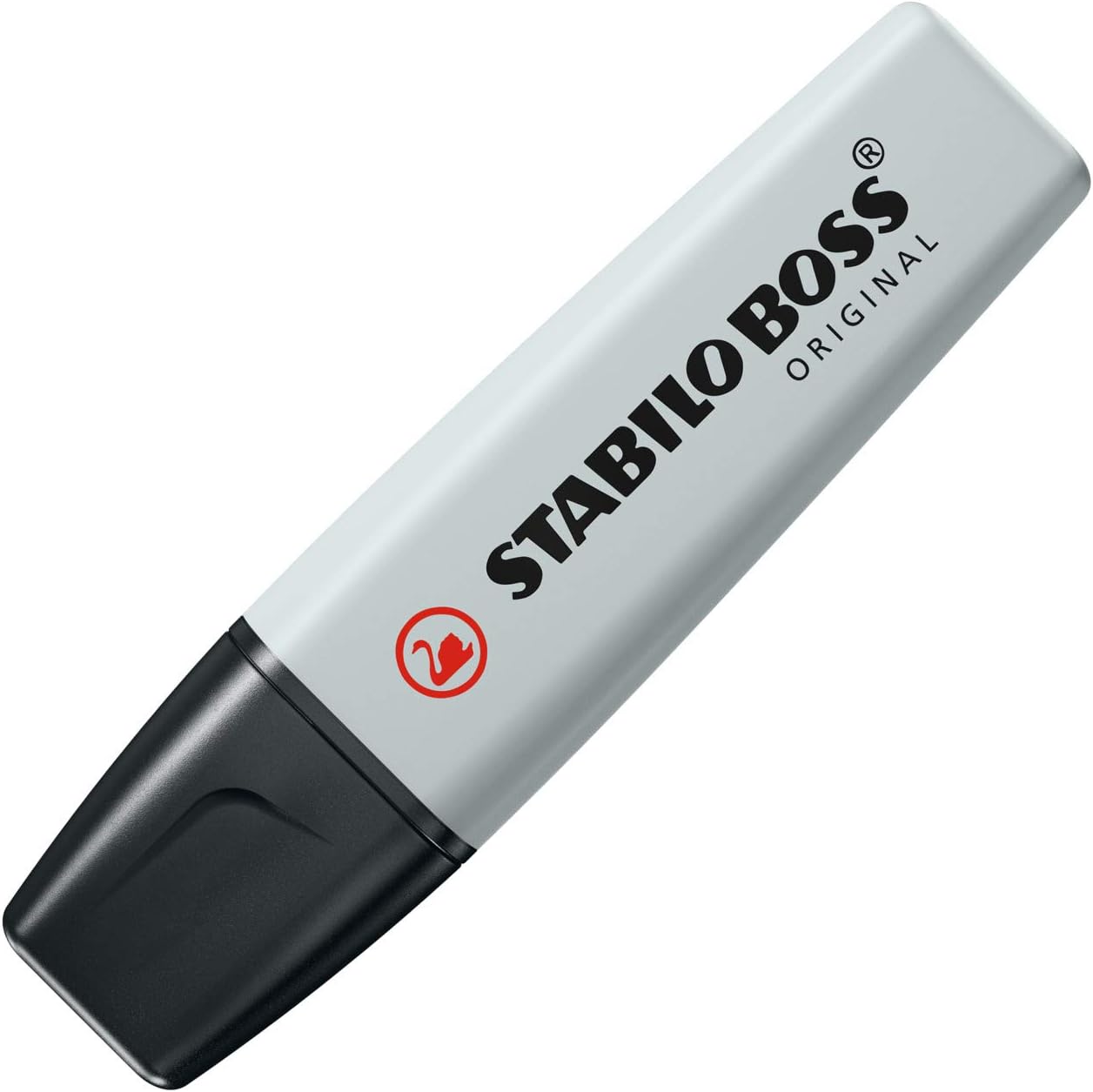 Stabilo Boss Original Pastel Highlighter in Dusty Grey with pastel-colored cap and body, highlighting a page with soft pastel tones.