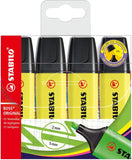 Set of four Stabilo BOSS ORIGINAL yellow highlighters with chisel tips, perfect for highlighting and marking text.