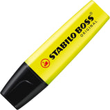 Set of four Stabilo BOSS ORIGINAL yellow highlighters with chisel tips on a white background.