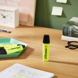 Set of four Stabilo BOSS ORIGINAL yellow highlighters with chisel tips, ideal for highlighting and color-coding documents.